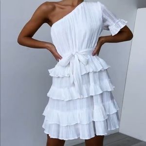 White One Shoulder Short Sleeve Ruffle Mini Dress bridal bachelorette